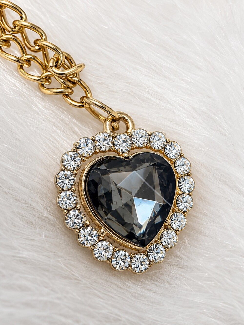 NWT Handmade Gold Crystal Halo Grey Heart Pendant Necklace Sz 22"